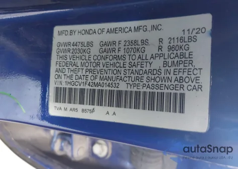 2021 Honda Accord Sport Special Edition из США, поврежденный, VIN 1HGCV1F42MA014532